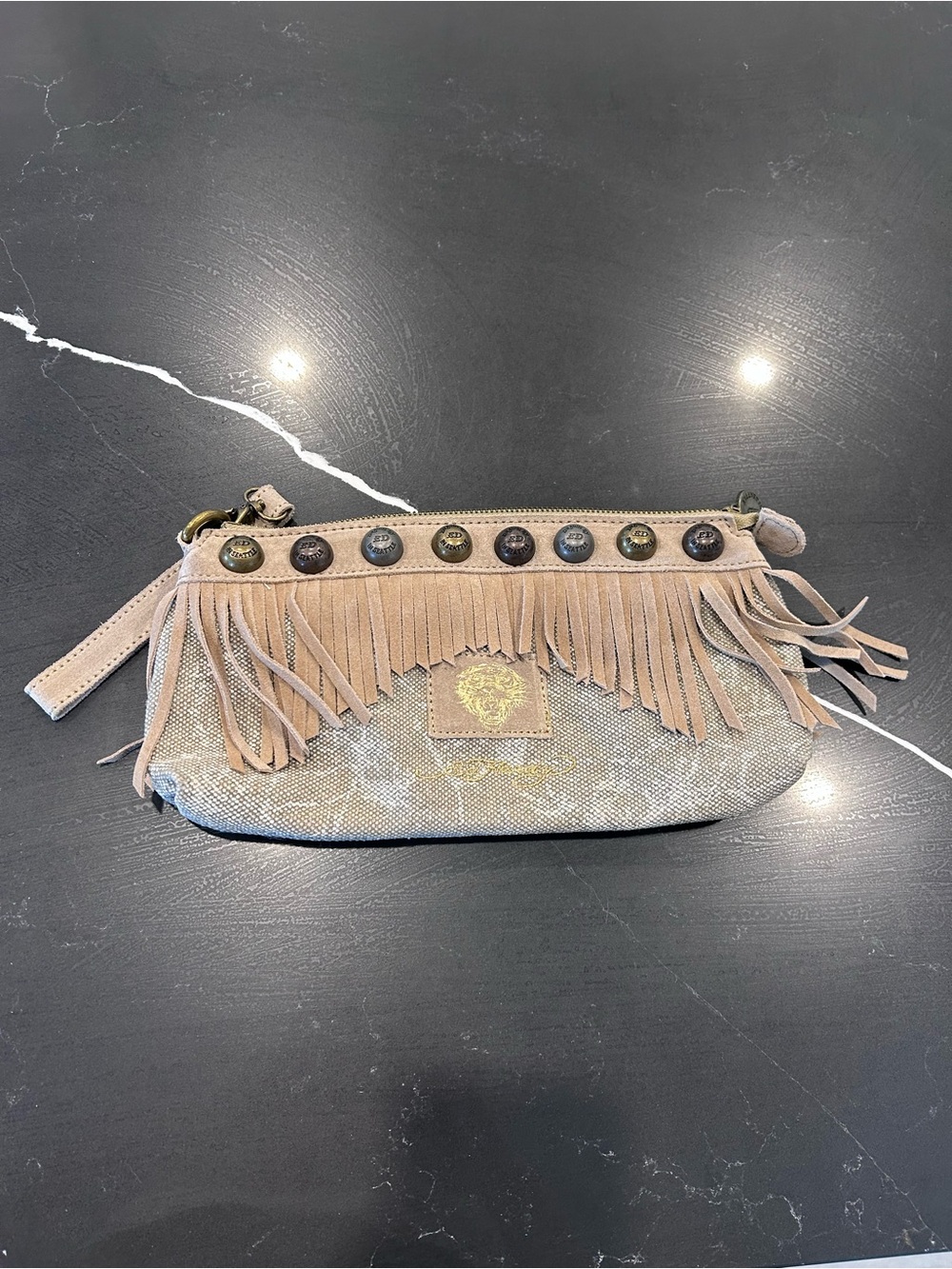 Ed Hardy Ferris Beige Suede Fringe Wristlet Studded Y2K Boho Bag Rocker Western